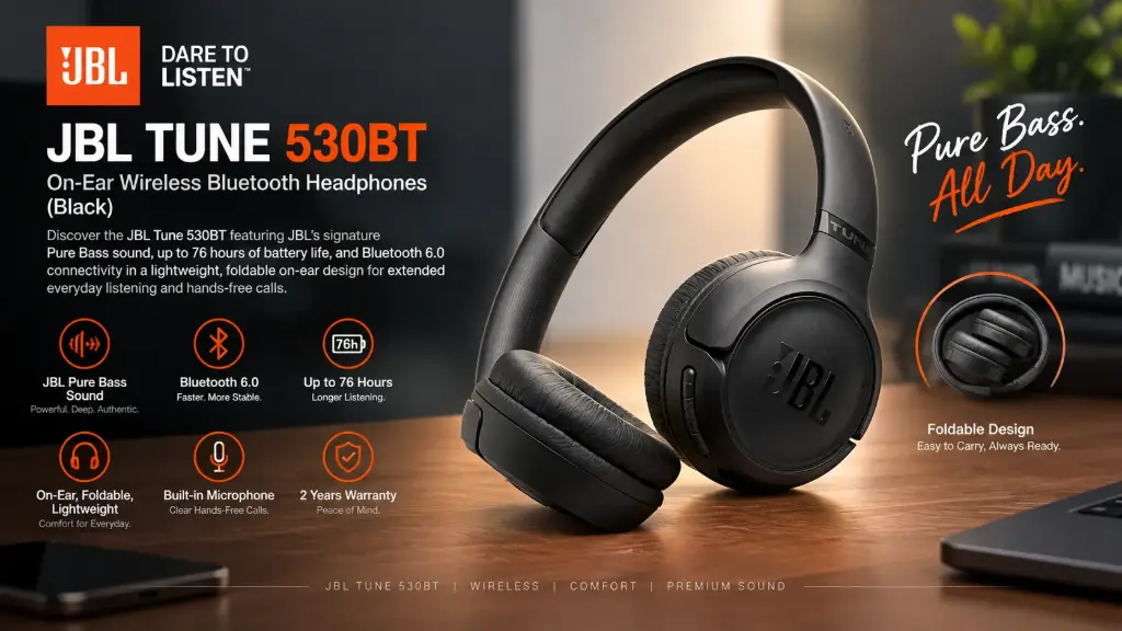 JBL Tune 530BT On-Ear Wireless Bluetooth Headphones (Black)